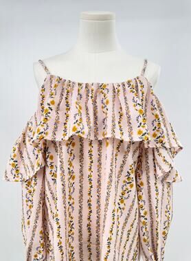 Moon River Pink Cold Shoulder Top Vintage Yellow Floral Ruffle Blouse M NWT